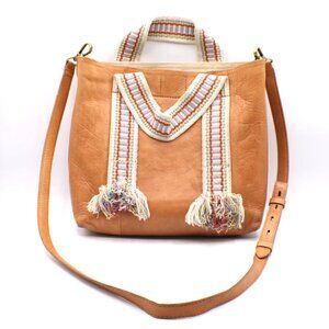 Madewell Tan Leather Crossbody Bag Handbag Colorful Striped Fringe Handles 10x10